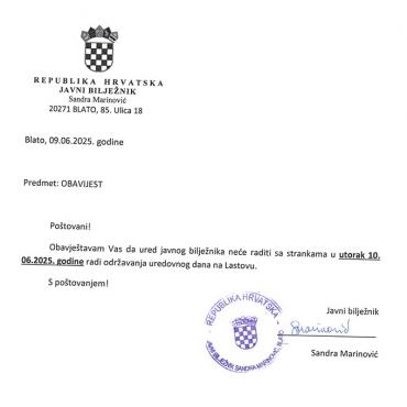 Obavijest iz Ureda javnog bilježnika