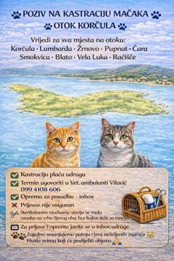 Poziv na kastraciju mačaka - Otok Korčula