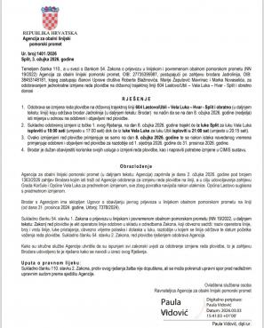 Jednokratna izmjena reda plovidbe na državnoj trajektnoj liniji 604 Lastovo/Ubli – Vela Luka – Hvar - Split i obratno.