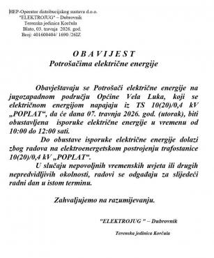 TS „POPLAT“ – planirani prekid električne energije, 07.04.2026.g., u vremenu od 10:00 h do 12:00 h.