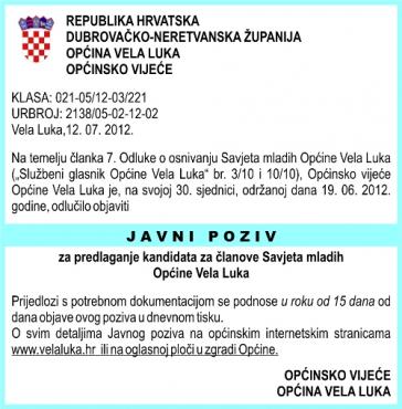 JAVNI  POZIV za predlaganje kandidata za članove Savjeta mladih Općine Vela Luka