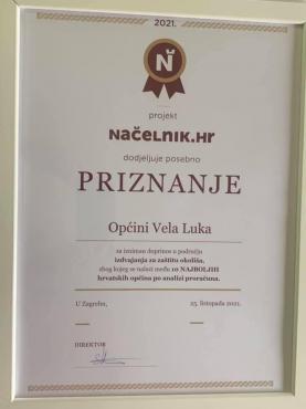 Općina Vela Luka primila posebno priznanje za izniman doprinos u području izdvajanja za zaštitu okoliša