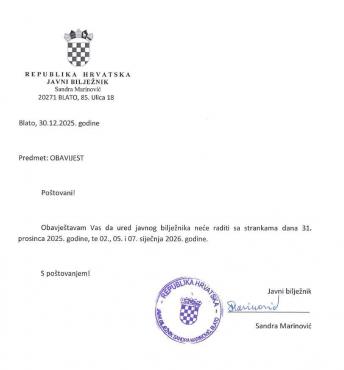 Obavijest o radu javnog bilježnika